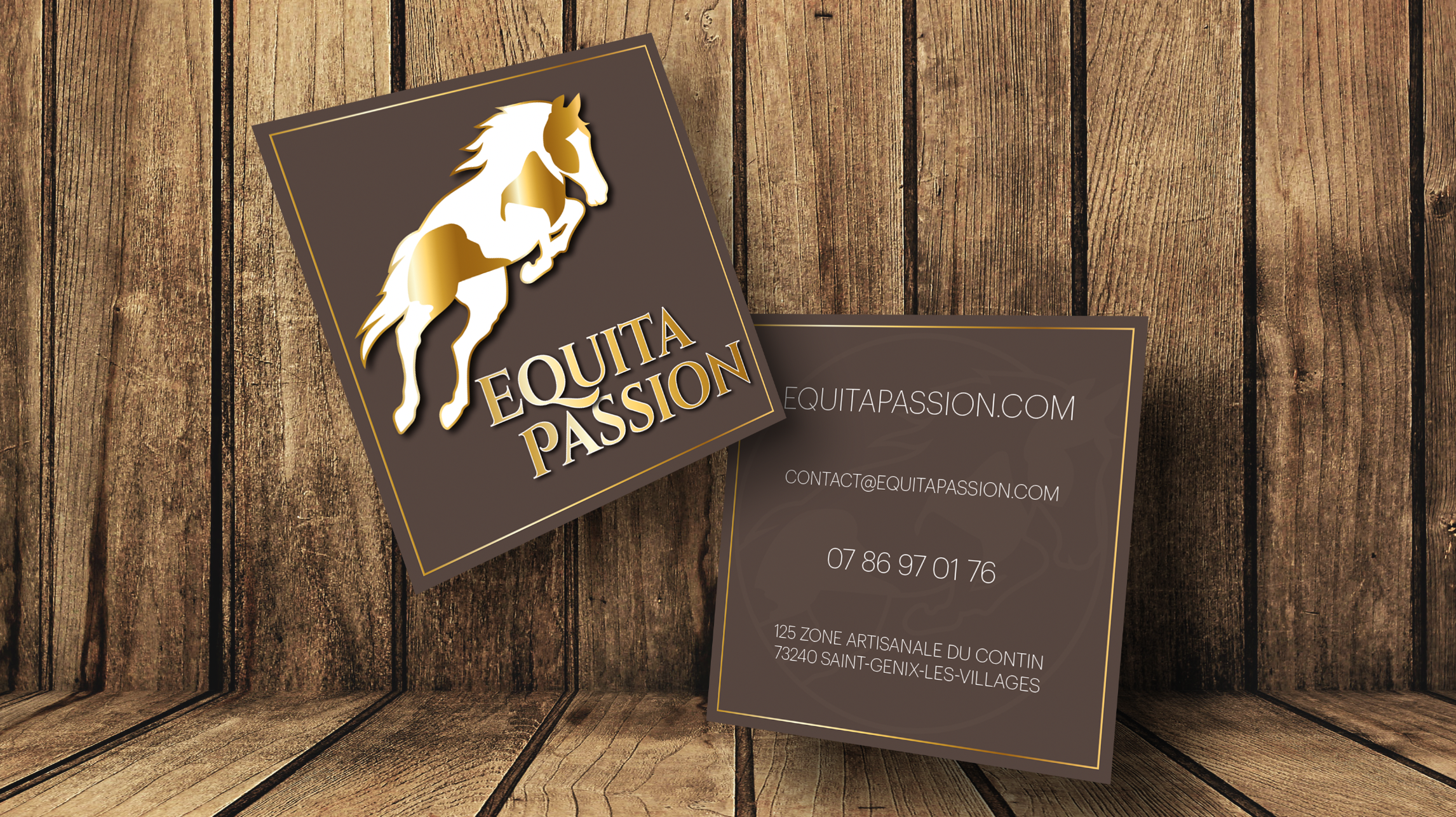Carte de visite Equita passion - réalisé par c14 agency - Pelliculage Mat Soft Touche + Dorure à chaud 3D